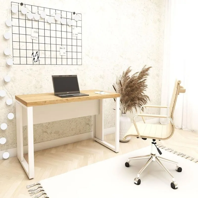 Mesa Escrivaninha Industrial Sem Gavetas 90cm Macadâmia Com Branco F5 Office