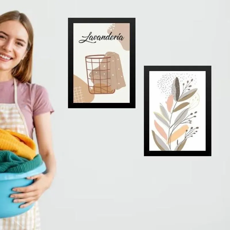 Kit 2 Quadros Lavanderia Arte Boho Floral 33X24Cm - Vidro