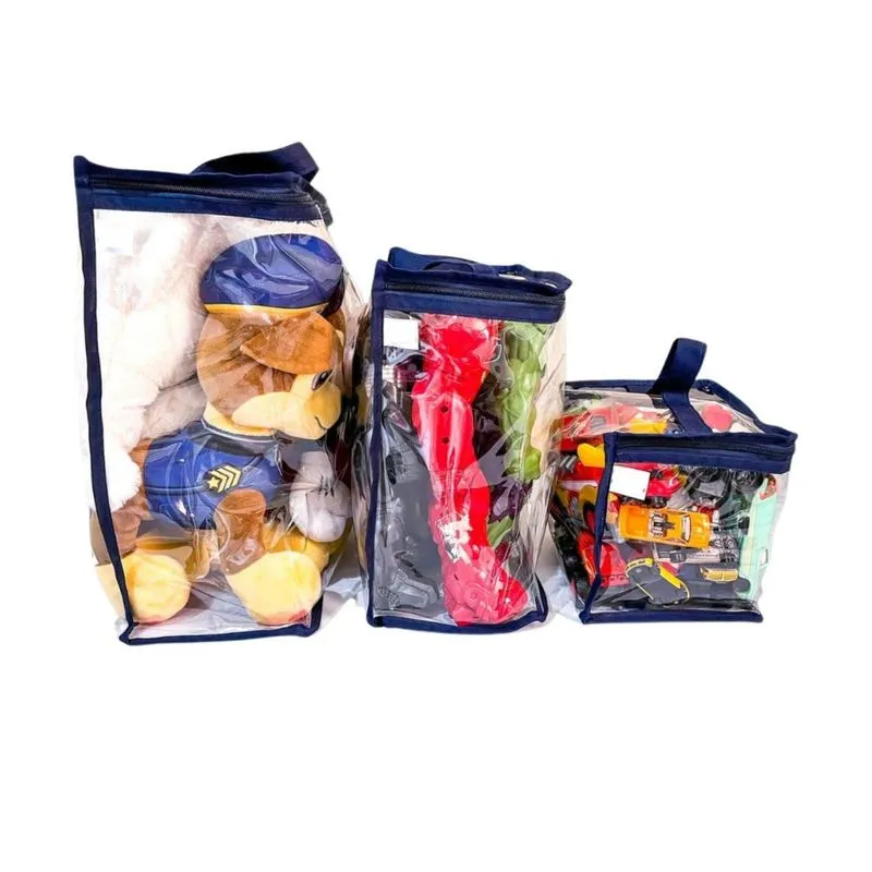Kit 3x Bolsa Para Armazenamento De Brinquedos, P/m/g Azul