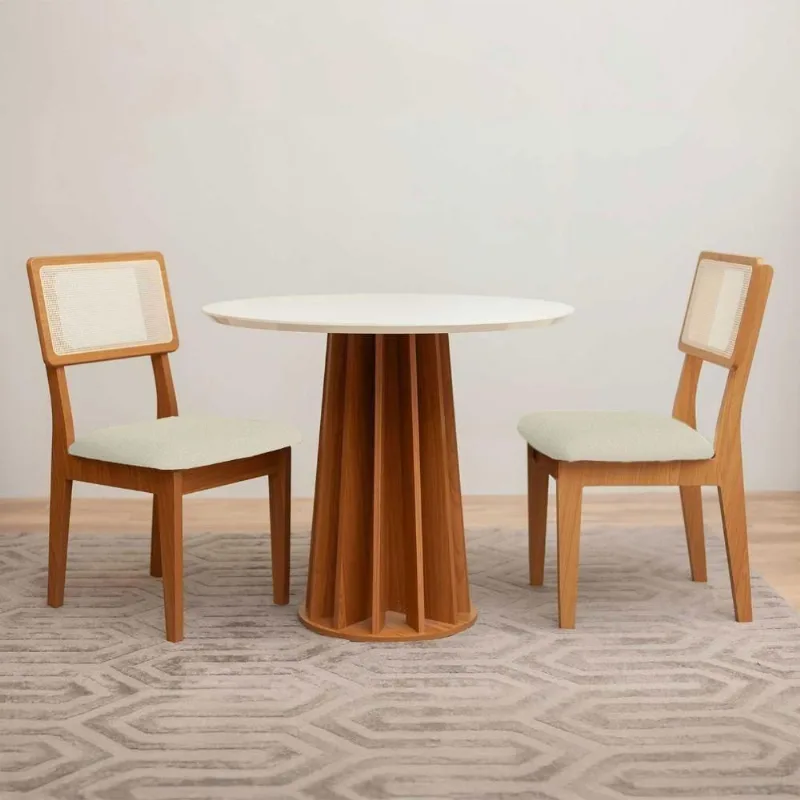 Mesa de Jantar 90cm com 2 Cadeiras Base Ripada Tampo MDF Off White com Freijó e Cesare Escuro Dalla