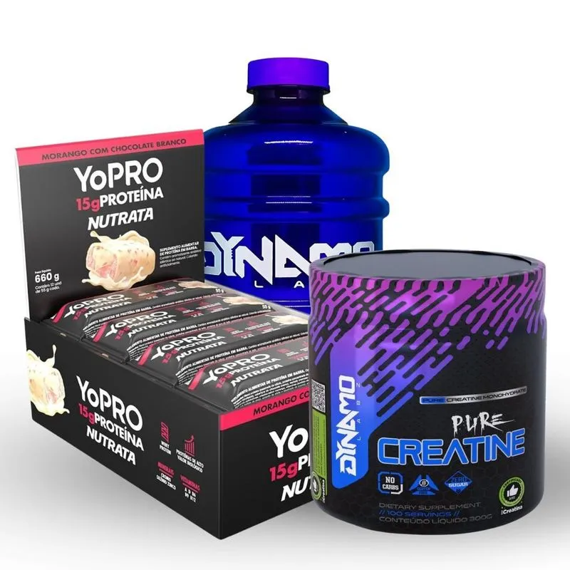 Kit Creatina100% Pura 300g + Cx Barra Yopro C/12 + Galão