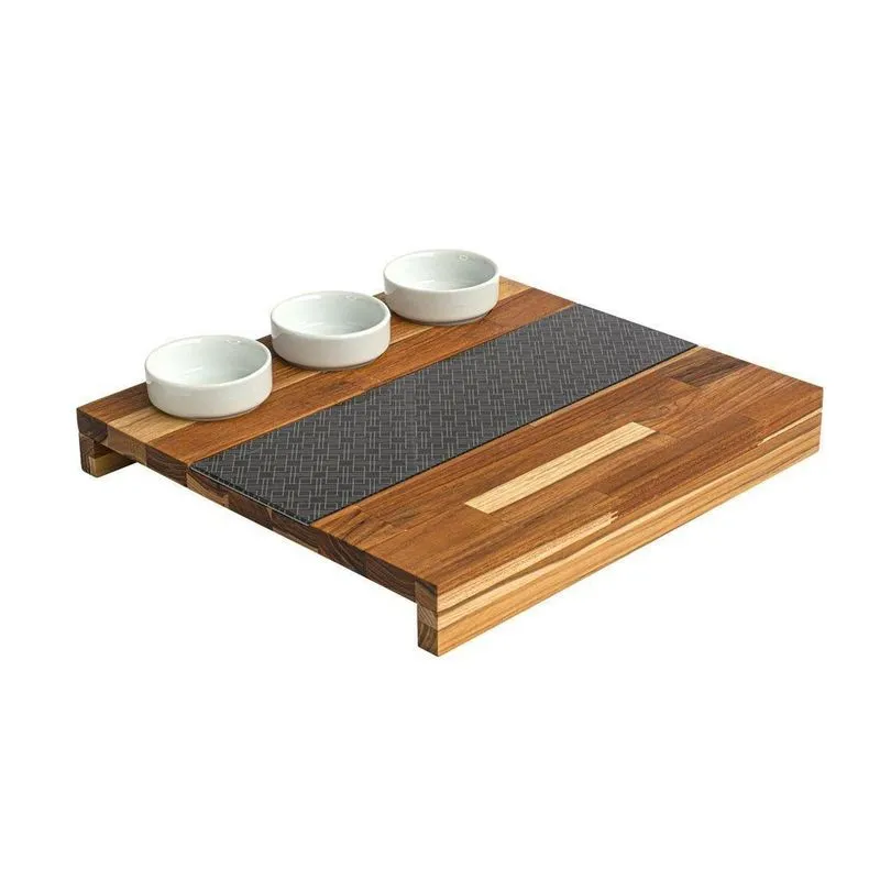 Tábua De Madeira Teca Com Vidro E 3 Potes De Porcelana - Sto
