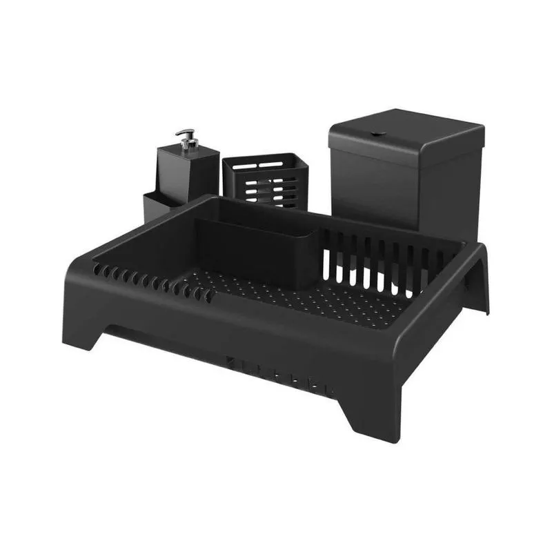Kit Cozinha Smile Escorredor De Louças Dispenser Porta Talher E Lixeira De Bancada Stolf Preto
