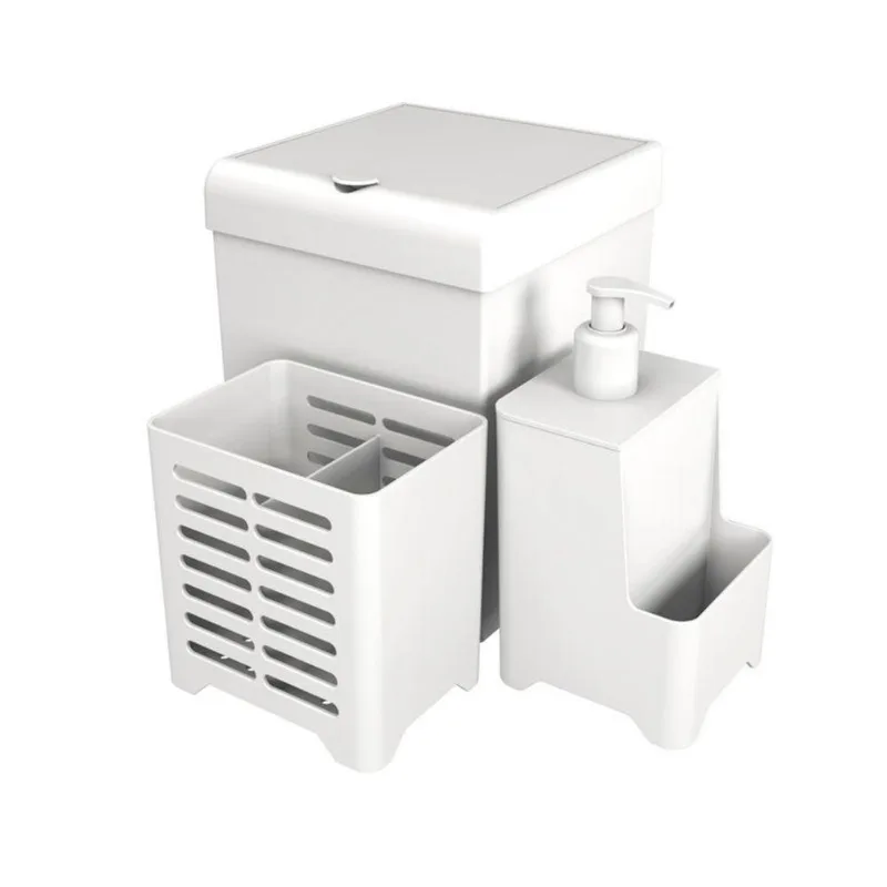 Kit Pia 3 Peças Lixeira Dispenser Porta Talher Cozinha - Stolf Branco - STOLF