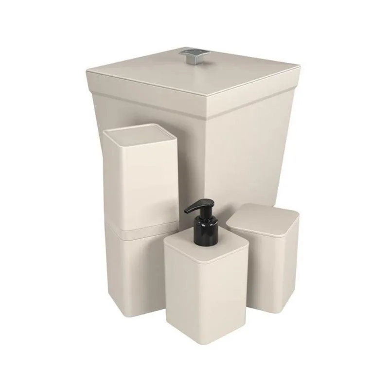 Kit Banheiro 4 Peças Lixeira Dispenser Porta Escova E Porta Algodão - Stolf Areia - STOLF