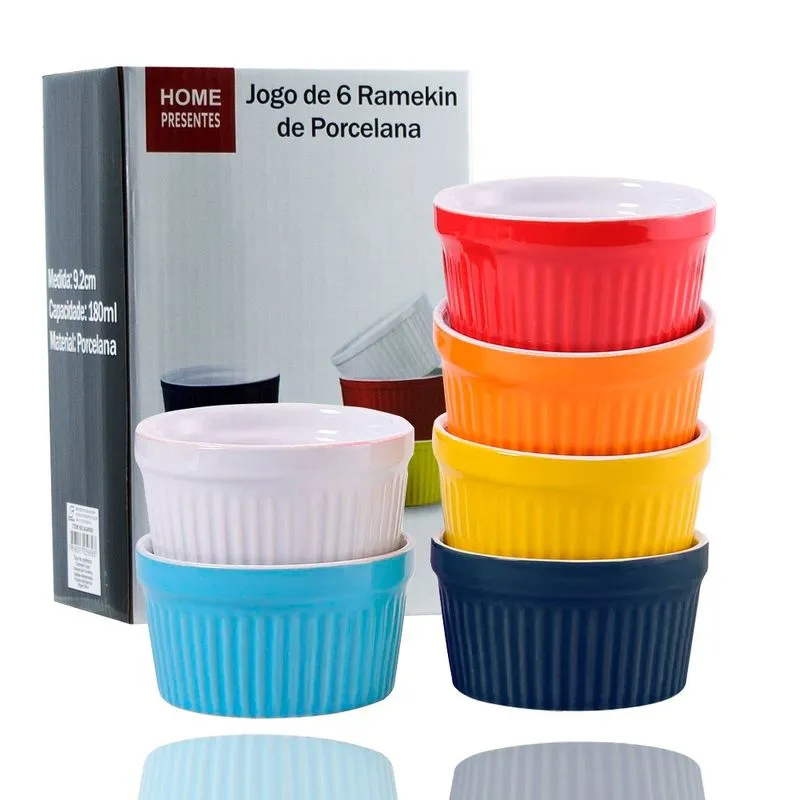 Jogo 6 Ramekin Colorido Canelado 180ml P/Forno Suflê CupCake