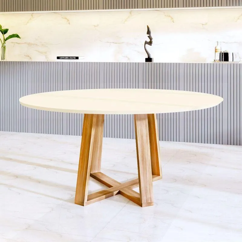 Mesa De Jantar Livia 90Cm Base Madeira Maciça - Off White - Branco
