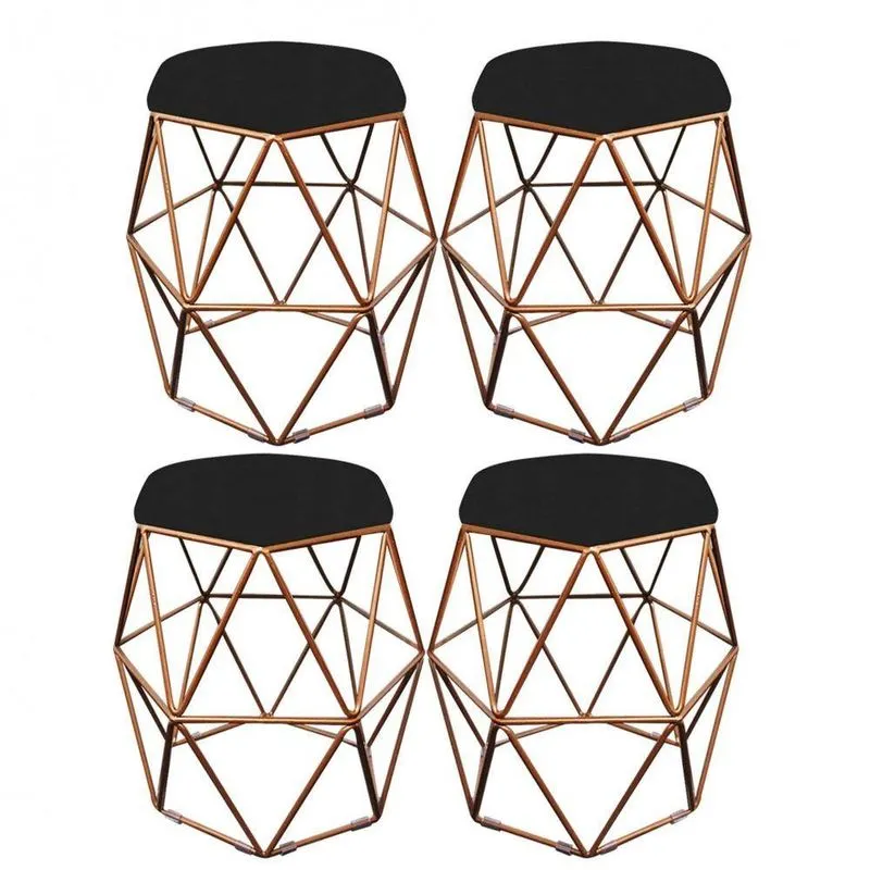 Kit 04 Puff Banqueta Aramado Luna Hexágono Base Bronze Corino Preto