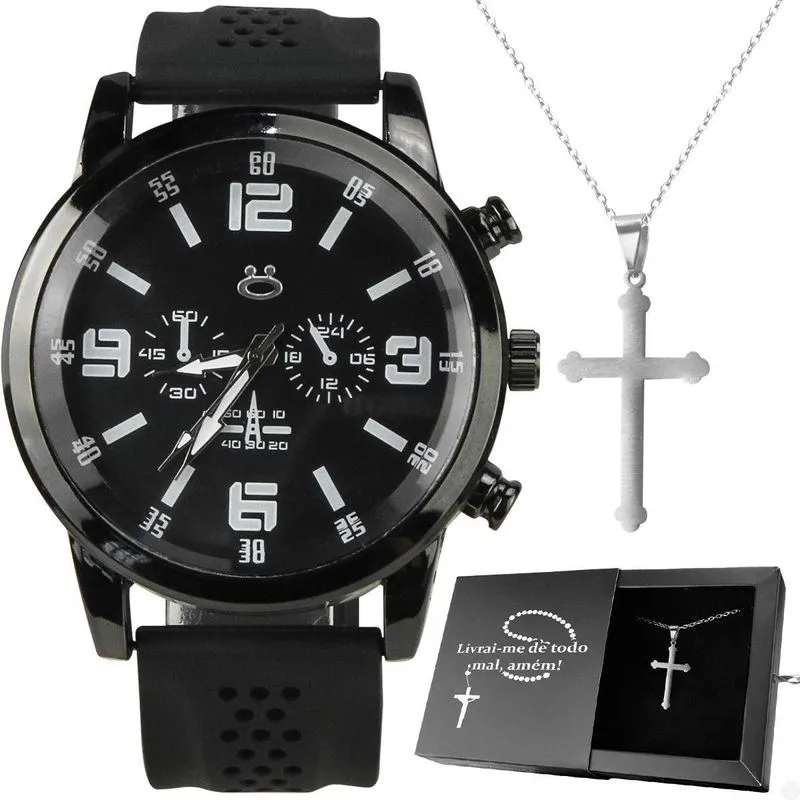 Relogio Masculino Aço Preto + Colar Crucifixo + Caixa Black