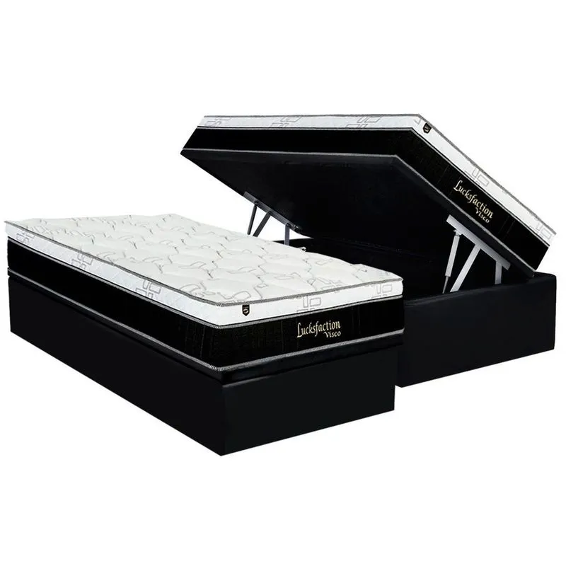Conjunto Box Baú Solteiro: Colchão Espuma Luckspuma Visco MasterPocket Lucksfaction Black + Base crc Suede Black(88x188)