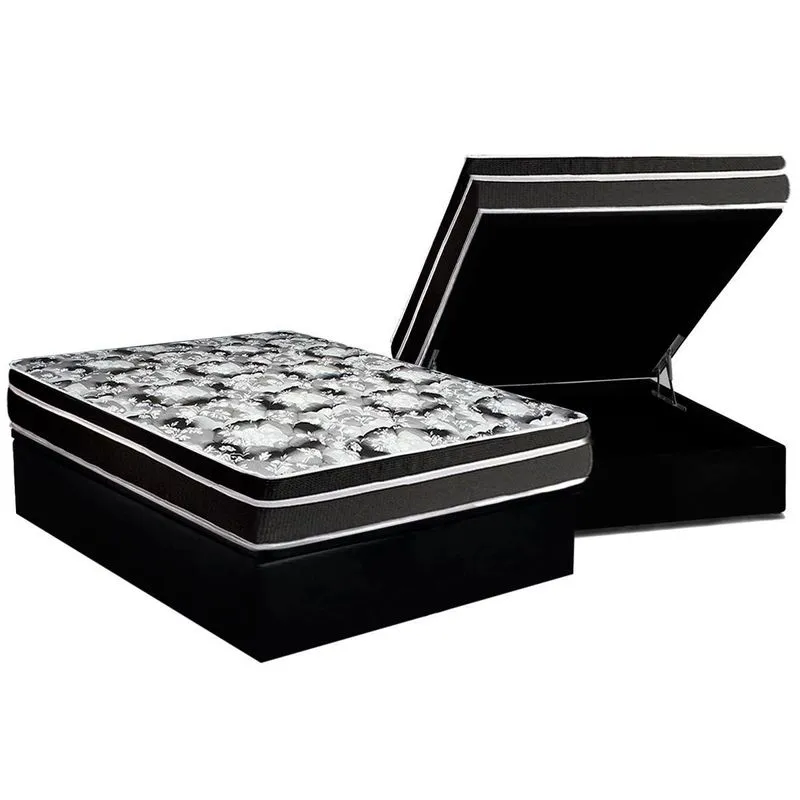 Cama Baú Casal: Colchão Espuma Luckspuma D45 Gran Luck+Box CRC Suede Black(138x188)