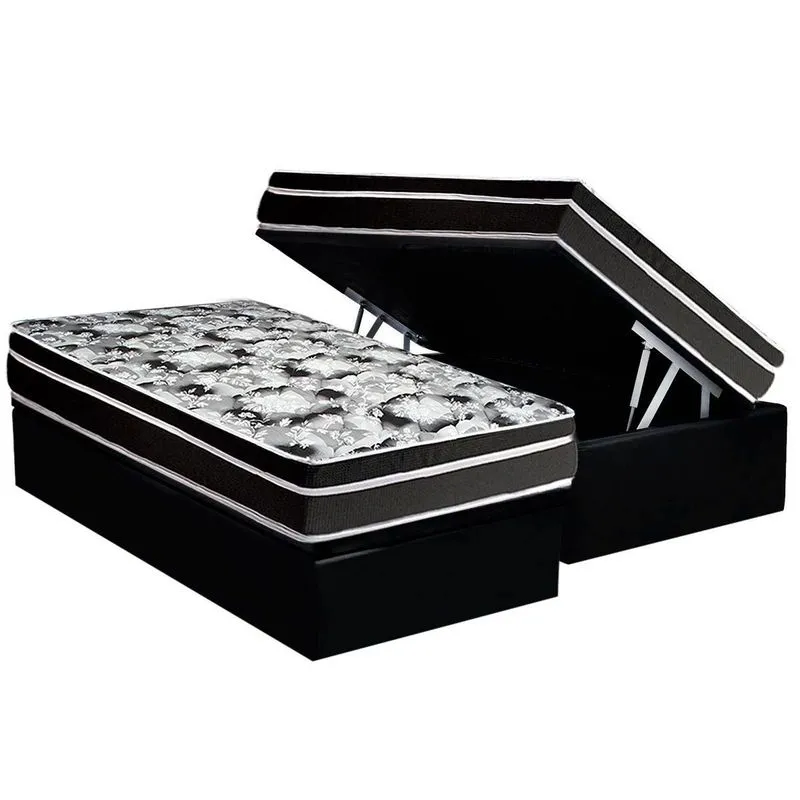 Cama Baú Solteiro: Colchão Espuma Luckspuma D45 Gran Luck+Box CRC Suede Black(88x188)