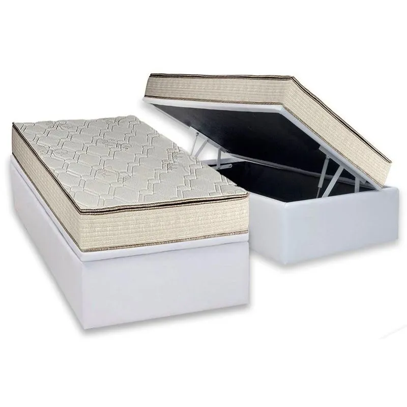 Cama Box Baú Solteiro: Colchão Molas Luckspuma Bonnel Montreal Spring + Base CRC Courano White(88x188)