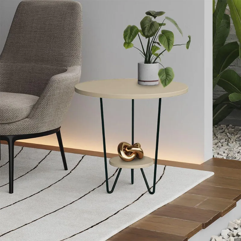 Mesa Lateral Redonda Industrial Italy Ferro Preto E Tampo Off-white