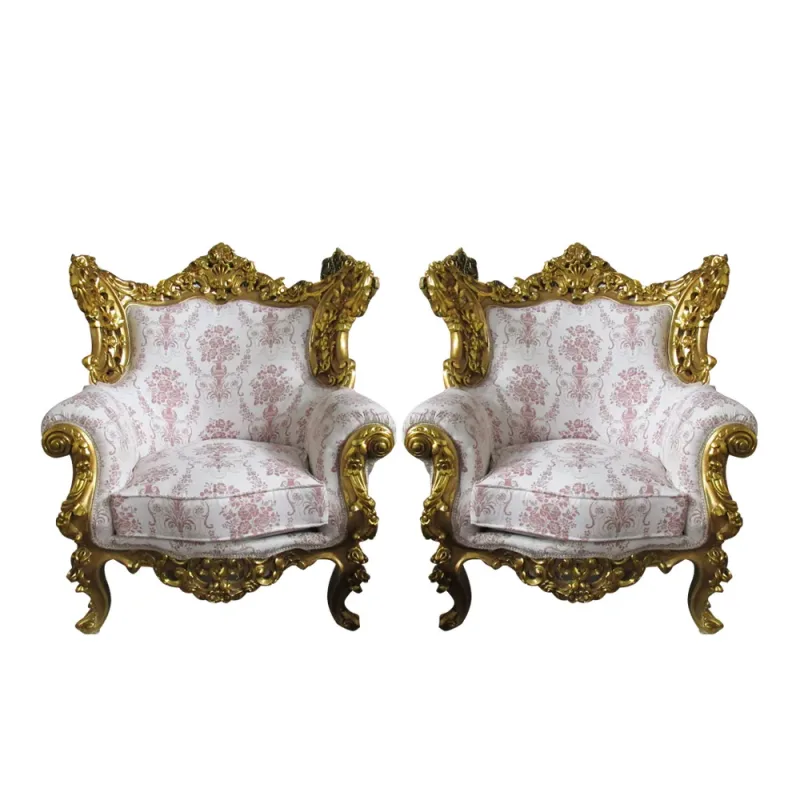 Par de Poltronas Branco Floral com Detalhe Dourado - 115x95x59cm-38020-Prime Home Decor-Prime Home Decor