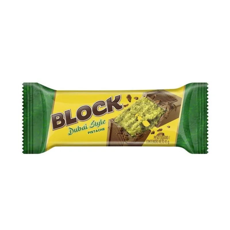 Chocolate Arcor Tablete Block Dubai Style Pistache 45g - Embalagem Com 20 Unidades