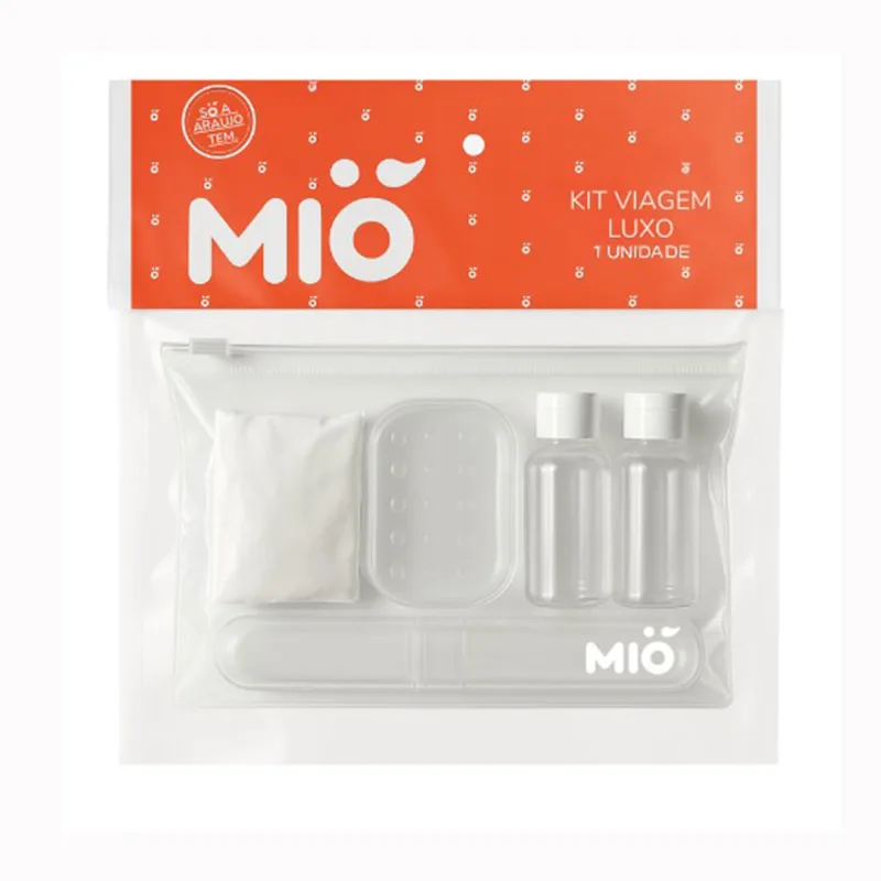 Kit Viagem Luxo Mió 1 Porta Sabonete 1 Porta Escova de Dente Touca de Banho e 2 Frascos de 80ml