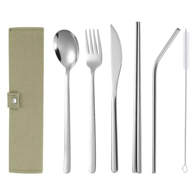 Conjunto De Talheres De Aço Inoxidável Com Bolsa Verde - 6 Peças Elegantes Para Refeições