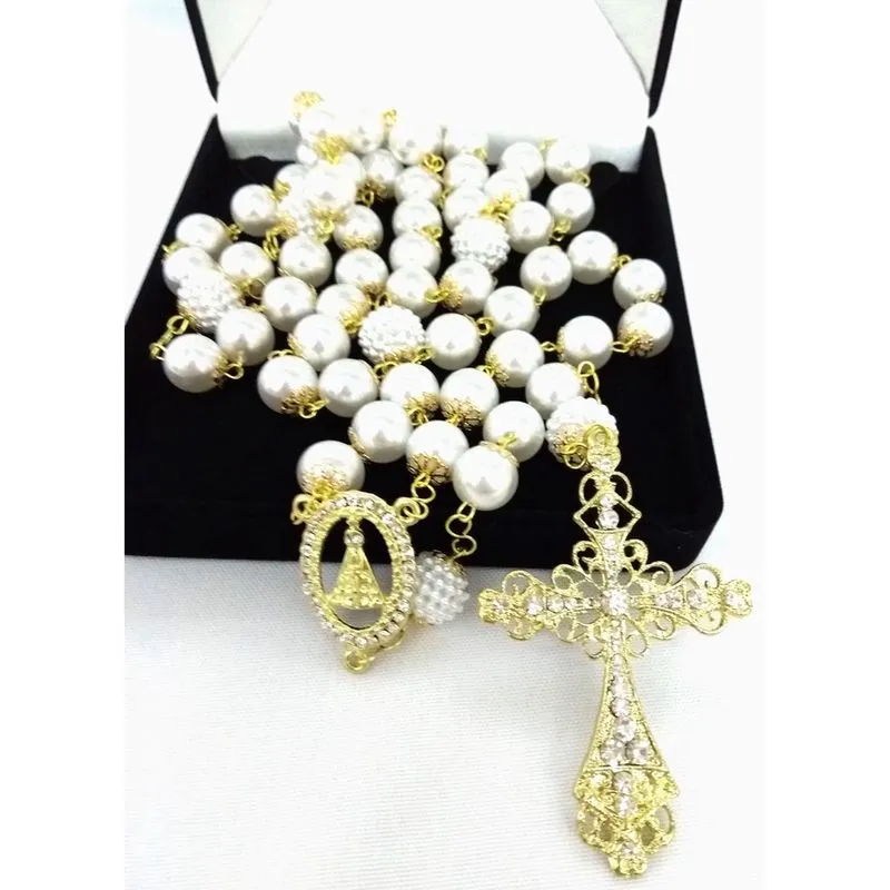 Terço De Noiva Dourado Perolas Brancas Aparecida