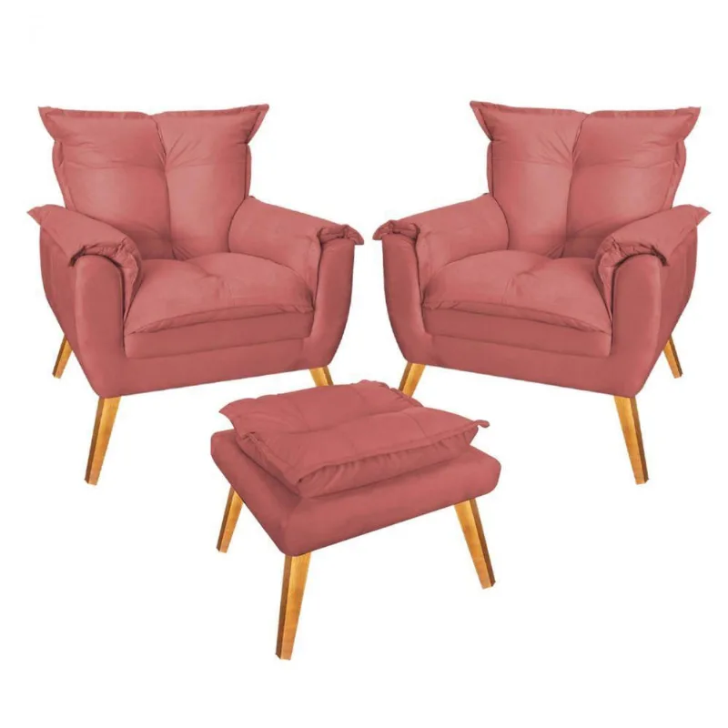 Kit 02 Poltrona Cadeira e Puff Jade Confort Suede Rose Gold