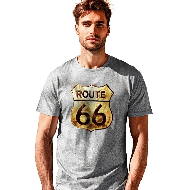 Camiseta Estampada Route 66 Em Algodão 100% Gola U Cinza
