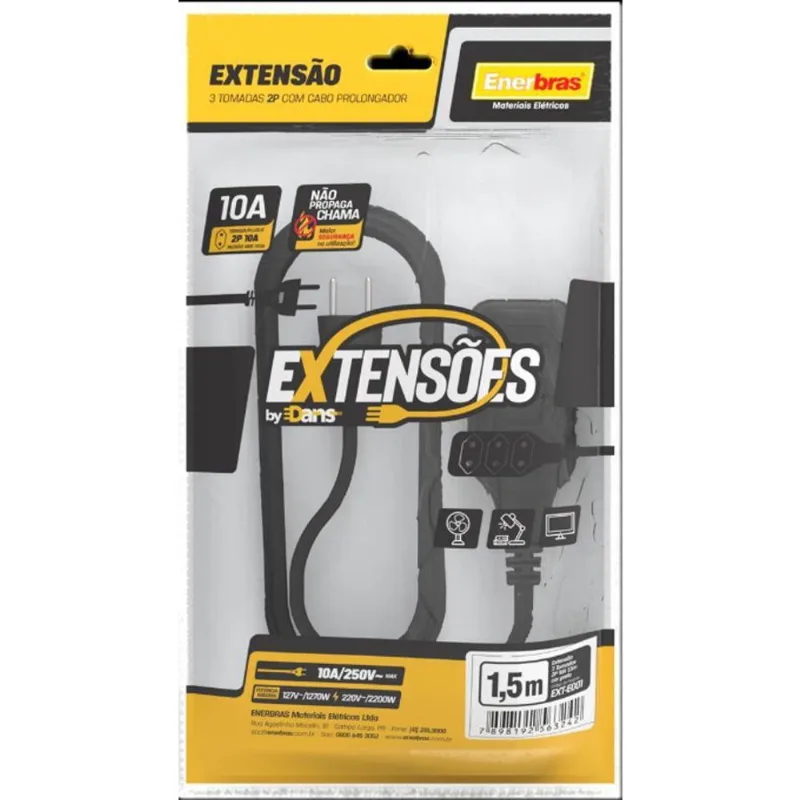 Extensão 3 Tomadas 2P 10A 1,5 Metros Preto Bivolt - Enerbras