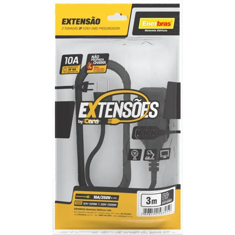 Extensão 3 Tomadas 2P 10A Preto 3 Metros Bivolt - Enerbras