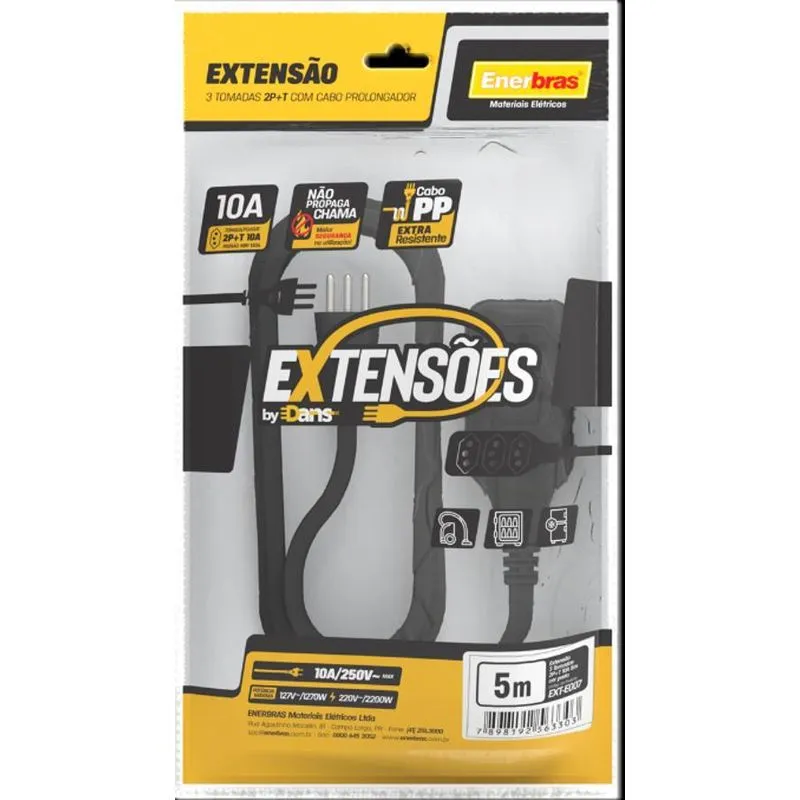 Extensão 3 Tomadas 2P+T 10A 5 Metros Preto Bivolt - Enerbras