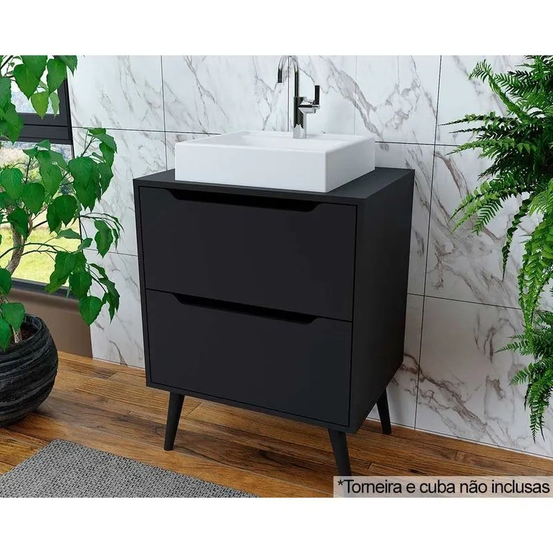 Bancada de Banheiro c/ Pés BN3639 s/ Cuba c/ 2 Gavetas 60cm Preto - Tecno Mobili