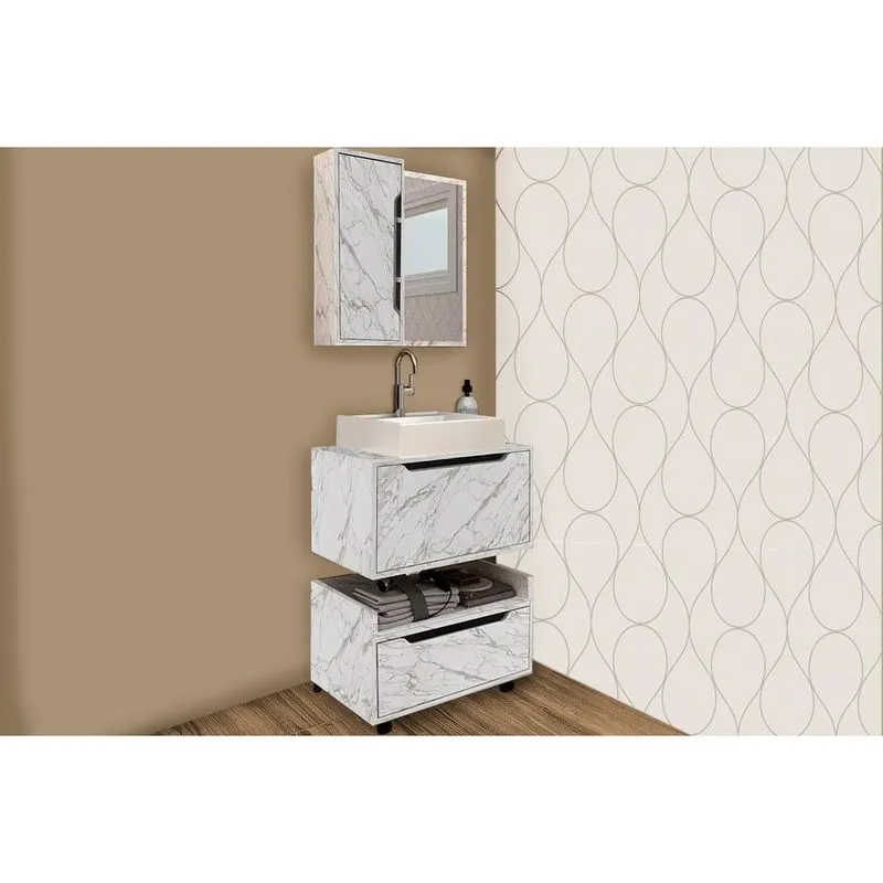 Bancada de Banheiro Balcão Suspenso BN3646 e Balcão c/ Rodízios BN3647 60cm e Armário c/ Espelho BN3648 60cm Mármore Branco - Tecno Mobili