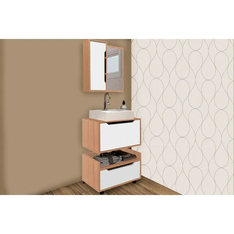Bancada de Banheiro Balcão Suspenso BN3646 e Balcão c/ Rodízios BN3647 60cm e Armário c/ Espelho BN3648 60cm Amêndoa/Branco - Tecno Mobili