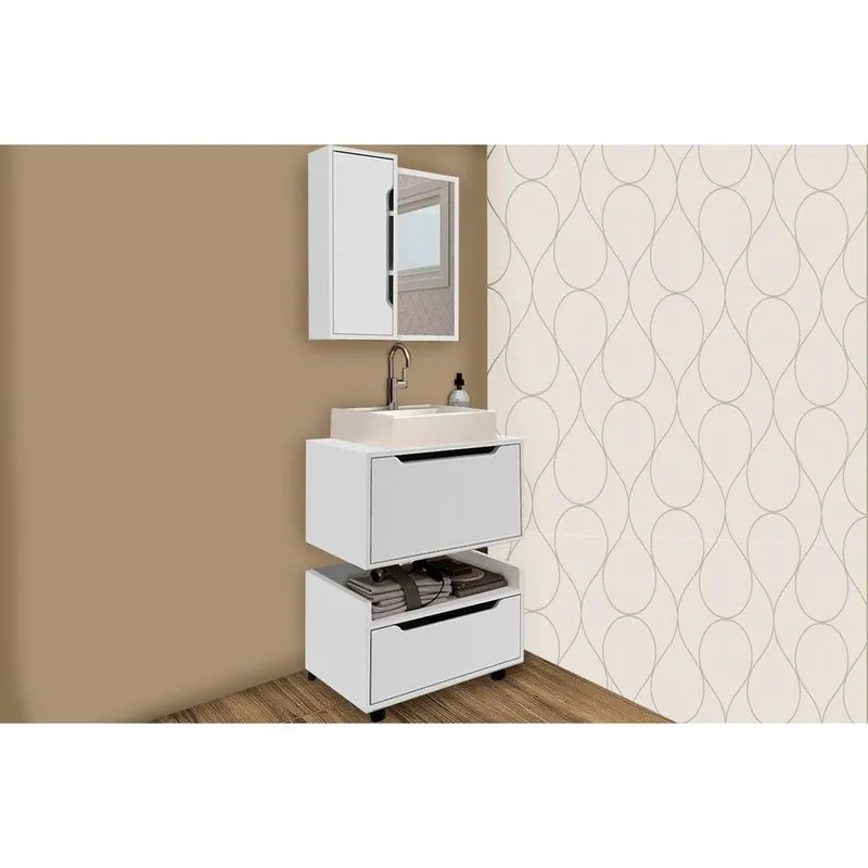 Bancada de Banheiro Balcão Suspenso BN3646 e Balcão c/ Rodízios BN3647 60cm e Armário c/ Espelho BN3648 60cm Branco - Tecno Mobili