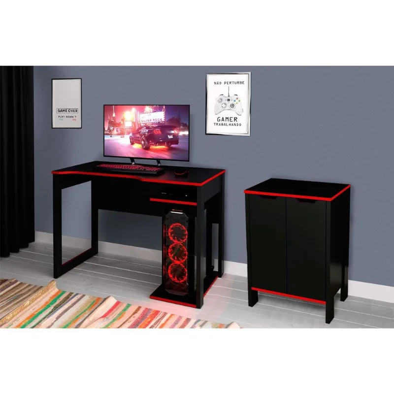 Mesa Computador Gamer ME4161 + Balcão ME4164 - 2 Peças Preto/Vermelho - Tecno Mobili