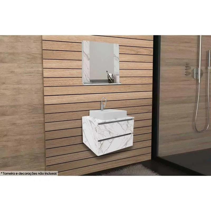 Armário C/ Balcão Banheiro Suspenso Bn3607 Cuba Bn3630 60cm E Espelho Bn3610 Mármore Branco - Tecno Mobili