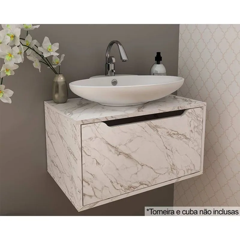 Balcão p/ Banheiro Suspenso BN3646 s/ Cuba c/ 1 Porta 60cm Mármore Branco - Tecno Mobili