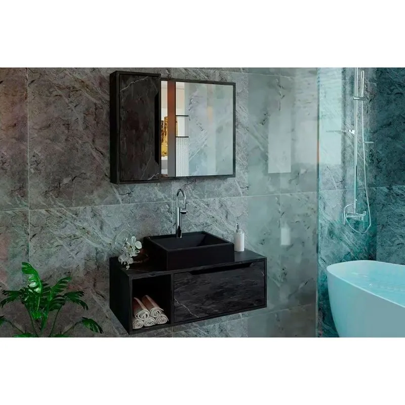 Conjunto de Banheiro Balcão Suspenso BN3644 e Balcão c/ Rodízios BN3643 80cm e Armário c/ Espelho BN3645 80cm Mármore Lunar - Tecno Mobili