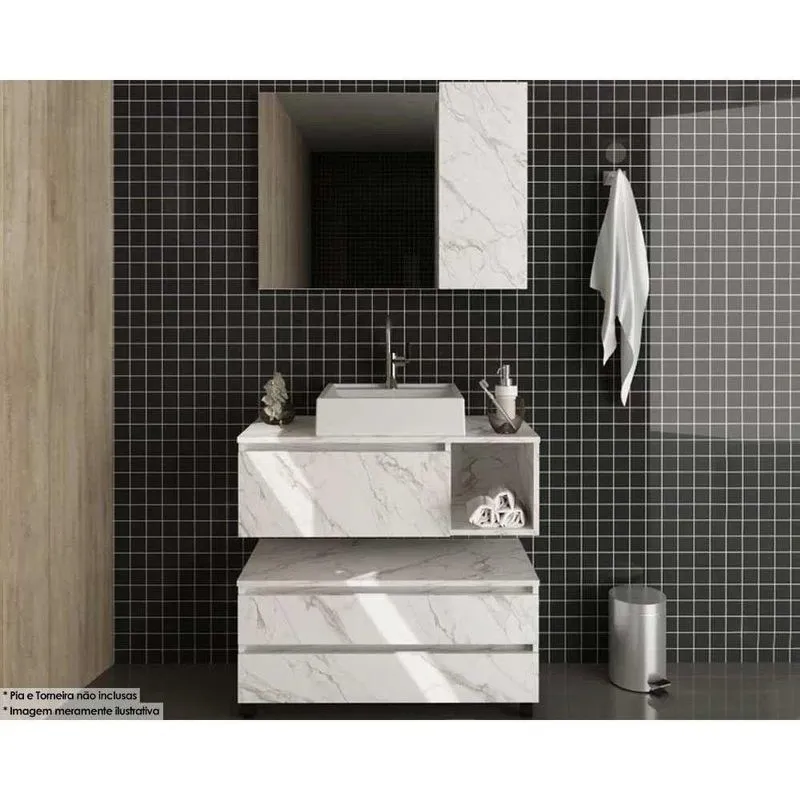 Conjunto De Banheiro Armário C- Espelho Bn3602 Balcão Suspenso Bn3601 E Balcão C- Rodizios Bn3603 S- Cuba Pia 80cm Cor Mármore Branco - Tecno Mobili