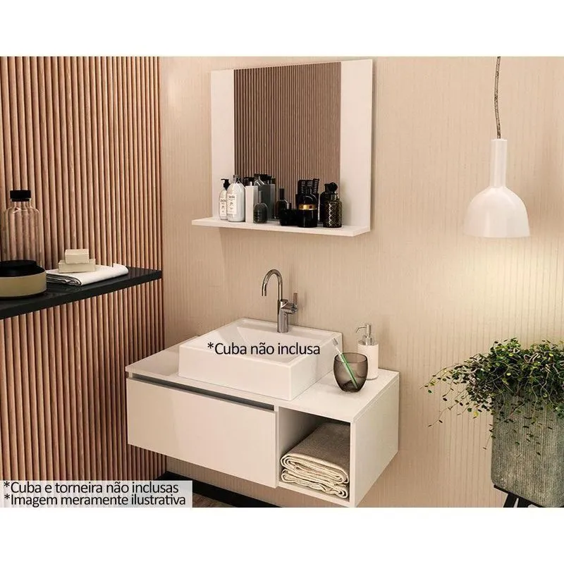 Conjunto De Banheiro Balcão Suspenso Bn3601 s- Cuba 80cm E Armário c- Espelho Bn3610 Branco - Tecno Mobili