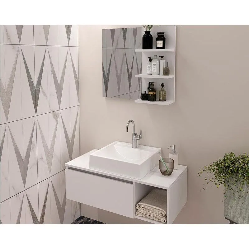 Conjunto De Banheiro Balcão Suspenso Bn3601 s- Cuba 80cm E Armário c- Espelho Bn3608 Branco - Tecno Mobili