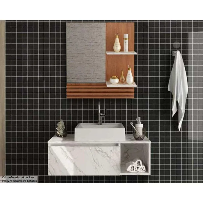 Conjunto De Banheiro Armário C/ Espelho Bn3614 60cm E Balcão Suspenso Bn3601 80cm S/ Cuba Pia Cor Amendoa/marmore Branco - Tecno Mobili