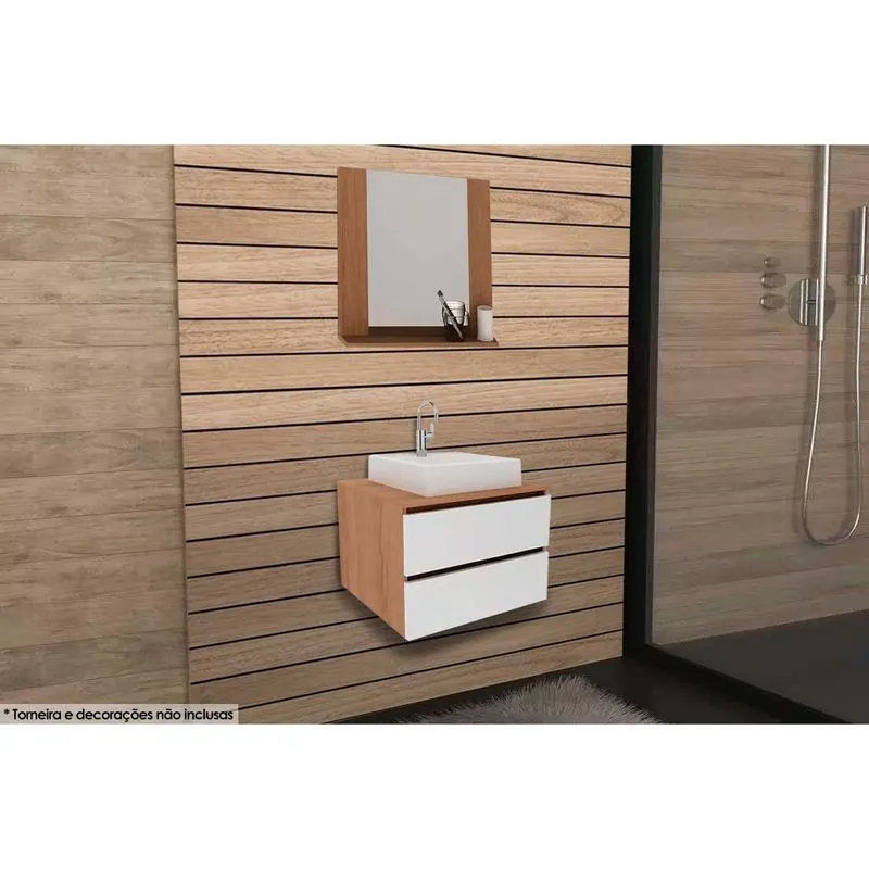 Conjunto de Banheiro Balcão Suspenso BN3607 c/ Cuba BN3600 60cm e Armário c/ Espelho BN3610 Amêndoa/Branco - Tecno Mobili