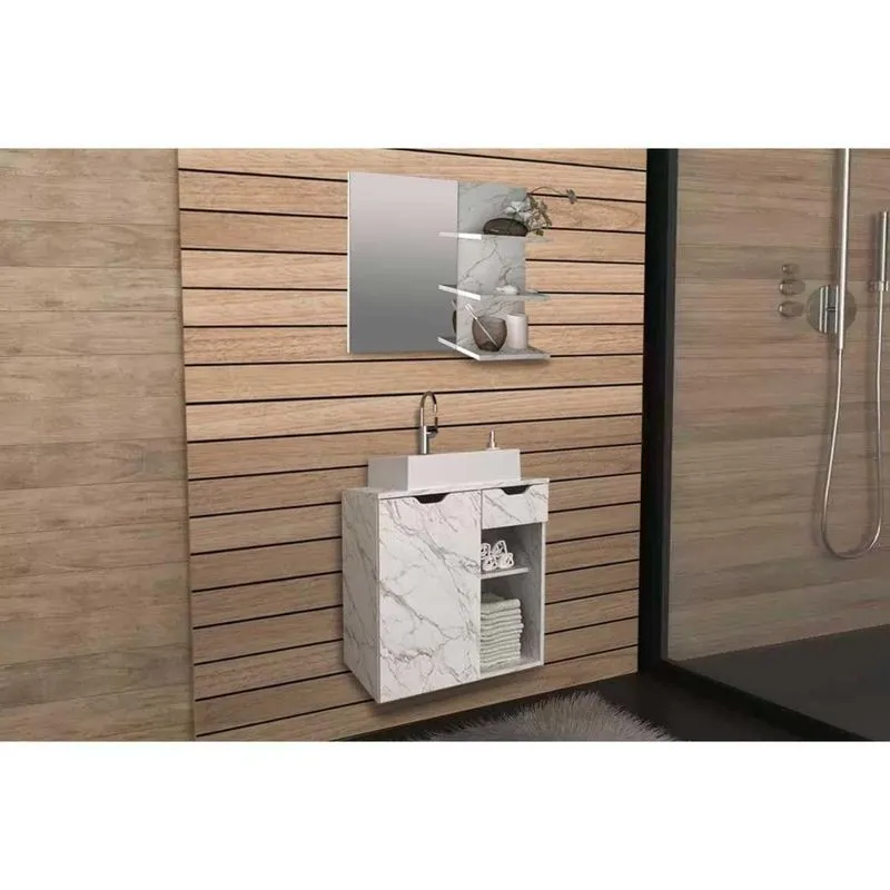 Conjunto De Banheiro Armário C- Espelho Bn3608 E Balcão Suspenso Bn3605 C- Cuba Pia Bn3600 60cm Cor Mármore Branco - Tecno Mobili
