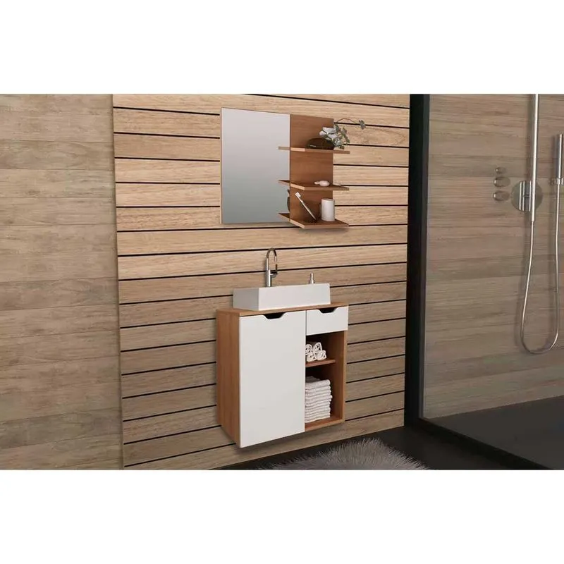 Conjunto de Banheiro Balcão Suspenso BN3605 c/ Cuba BN3600 60cm e Armário c/ Espelho BN3608 Amêndoa/Branco - Tecno Mobili