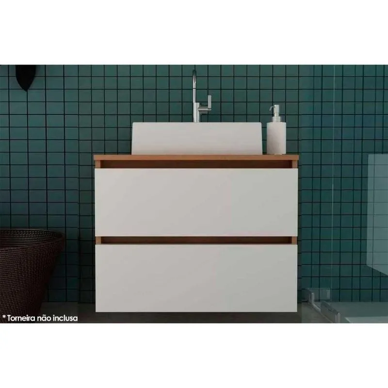 Conjunto De Banheiro Balcão Suspenso Bn3607 C- Cuba Pia Bn3600 60cm Cor Amêndoa-branco - Tecno Mobili