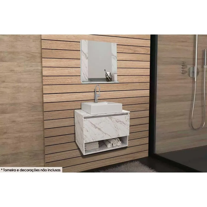 Conjunto de Banheiro Balcão Suspenso BN3606 c/ Cuba BN3600 60cm e Armário c/ Espelho BN3610 Mármore Branco - Tecno Mobili