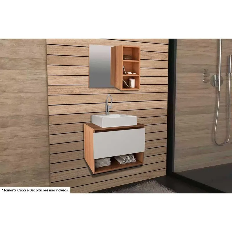 Conjunto de Banheiro Balcão Suspenso BN3606 s/ Cuba 60cm e Armário c/ Espelho BN3609 Amêndoa/Branco - Tecno Mobili