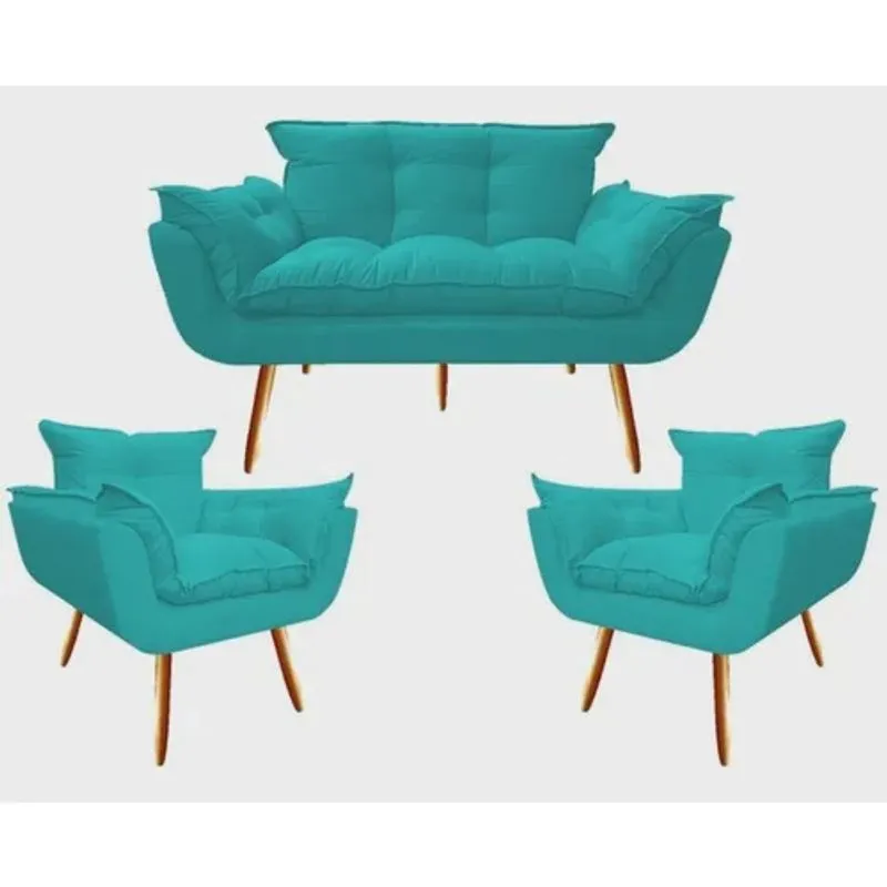 Conjunto Chesterfield Luxo Opala sala/recepão/escritório (1 Namoradeira + 2 Poltronas) suede azul thifany