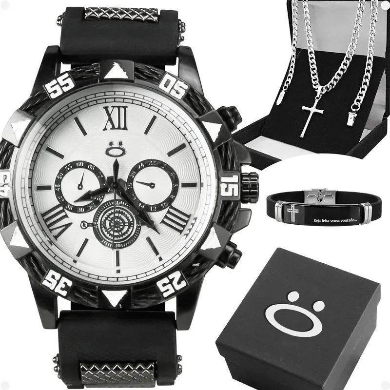 Relogio Masculino Aço + Cordao Crucifixo + Pulseira Pesado