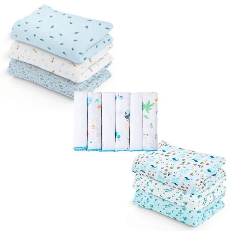 Kit 12 Bebê Cueiro Azul Flanelado Liso Estampado+ Pano Boca