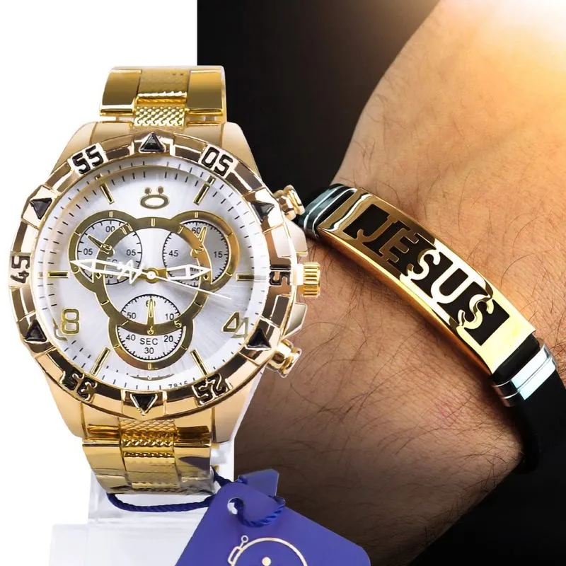 Kit Relógio Masculino analógico Dourado Pulseira aço Original + Garantia